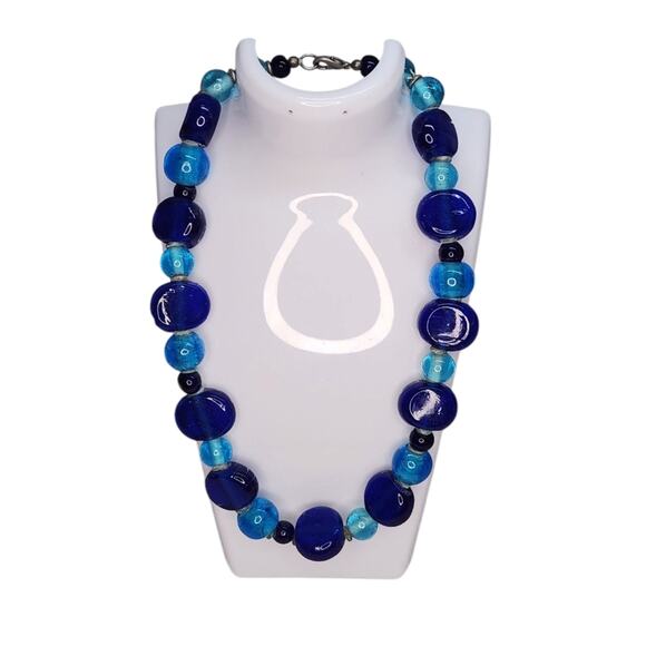 Chunky Blue Glass Beaded Necklace Retro Statement Jewelry - Picture 2 of 8